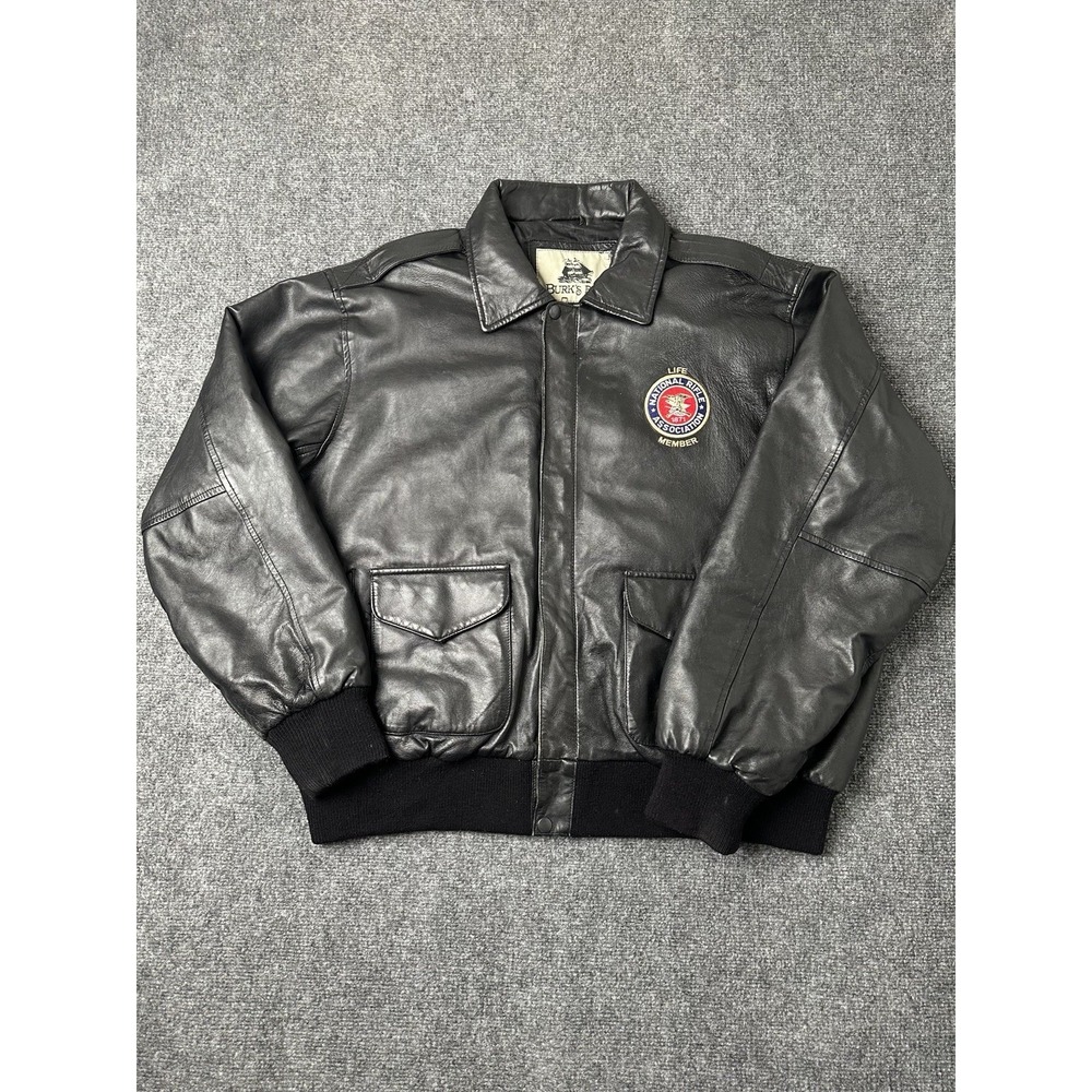 Mens Leather Burks Bay Black Bomber Jacket Embroidered Patch, Size XL